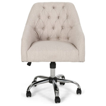 Uriel Tufted Home Office Chair With Swivel Base, Beige, Silver Finish