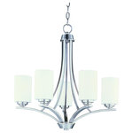 Maxim Lighting - Maxim 20035SWSN 5-Light Chandelier Deven Satin Nickel - Intersecting arms finished in your choice of Satin Nickel or Oil Rubbed Bronze support tall, cylindrical Satin White glass shades for a spectacular and transitional look.