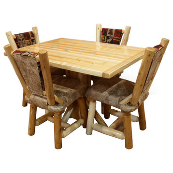 White Cedar Log Pedestal Dining Table Set, Fairbanks Red and Emerson Buff