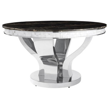 Modern Dining Table, Elegant Design With Chrome Curved Legs & Round Top, Black