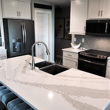 Cambria Brittanicca Kitchen Island and Cambria Whitehall Perimeter