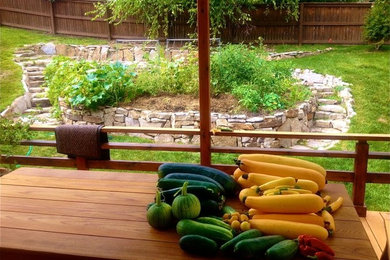 Photo of a mid-sized traditional full sun backyard stone formal garden in Denver for fall.