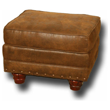 Traditional Ottoman, Leather Look Microfiber Upholstery & Nailhead Trim, Brown