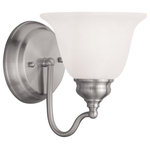 LIVEX LIGHTING - LIVEX Lighting 1351-91 Essex 1-Light Bath Light - LIVEX Lighting 1351-91 Essex 1-Light Bath LightCollection: EssexFinish: Brushed NickelUplight or Downlight: YesBackplate Size: 5.5" DiaDimension: 6.25"(W) x 7.5"(H) x 8"(Ext.)Glass/Shade Type: White Alabaster GlassTTM (height from top of fixture to mounting): 3" HeightBulb: (1)100(W) Medium Base(Not included)Suitable for Dry Locations: YesSuitable for Damp Locations: YesSuitable for Wet Locations: No