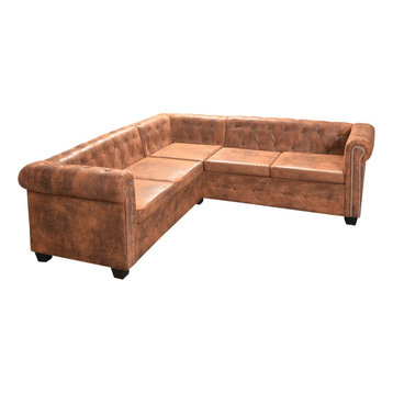 vidaXL Chesterfield Corner Sofa 5-Seater Faux Leather Brown Chaise Longue