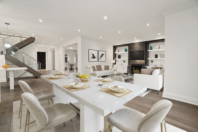 Large trendy u-shaped light wood floor kitchen photo in Toronto with flat-panel cabinets, white cabinets, quartzite countertops, quartz backsplash and white countertops