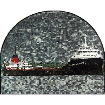 Boat Scene In An Arched Design Mosaic, 31"x39"