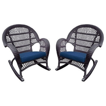 Jeco Wicker Rocker Chair in Espresso with Blue Cushion (Set of 2)