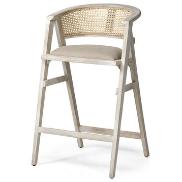 Tabitha Beige Fabric with Rattan Seat and Blonde Solid Wood Frame Bar Stool