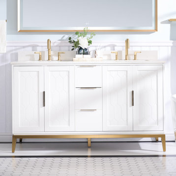Alison Freestanding Bathroom Vanity with Italian Carrara White Marble Top, White, 60"