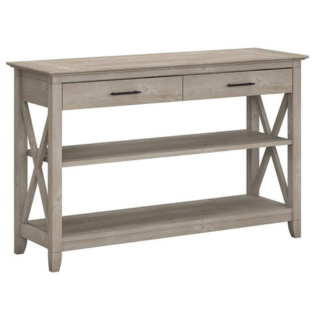 Farmhouse Entryway Console Table in Washed Gray With Drawers & X-Leg Detail
