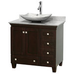 Wyndham Collection - Acclaim Espresso Vanity, 36", Arista White Carrera Marble, White Carrera Marble - Sublimely linking traditional and modern design aesthetics, and part of the exclusive Wyndham Collection Designer Series by Christopher Grubb, the Acclaim Vanity is at home in almost every bathroom decor. This solid oak vanity blends the simple lines of traditional design with modern elements like beautiful overmount sinks and brushed chrome hardware, resulting in a timeless piece of bathroom furniture. The Acclaim is available with a White Carrara or Ivory marble counter, a choice of sinks, and matching Mrrs. Featuring soft close door hinges and drawer glides, you'll never hear a noisy door again! Meticulously finished with brushed chrome hardware, the attention to detail on this beautiful vanity is second to none and is sure to be envy of your friends and neighbors