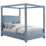 Meridian Furniture - Emerson Upholstered Bed, Sky Blue, Queen, Linen Textured Fabric - Get plenty of Z's when you sleep in this Emerson sky blue linen textured fabric queen bed. This canopy bed is fit for a queen, with four posts providing a luxurious frame for your mattress. Its mid-century modern design and rich sky blue linen textured fabric gives the bedframe a cozy feel, maqueen it a wonderful addition to any sleeping space. With its unique blend of wood, linen textured, and foam construction, this Emerson queen sized bed is both sturdy and large enough to fit royalty.