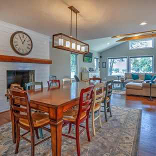 75 Beautiful Blue Dining Room With A Wood Fireplace Surround