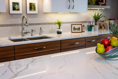 Transitional enclosed kitchen photo in Other with quartzite countertops, an island and white countertops