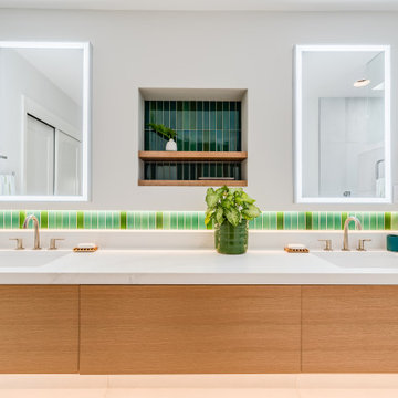 Double Sink Main Bathroom Floating White Rift Oak Vanity with Green Accent Tile