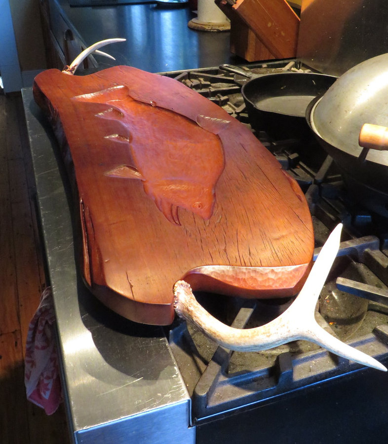 Tray 17025: Big Brook. Antique Cherry, Hand-Carved Trout, Footed, Antler Handles