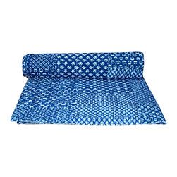Twin Blue Handmade Indigo Blue Kantha Quilt Indian Throw Cotton Bedspread Gudri - Comforters And Comforter Sets