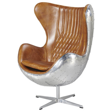 Cruz Modern Egg Chair Brown Leather and Metal Spitfire Shell