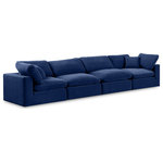 Meridian Furniture - Comfy Upholstered Modular Sofa, Navy, 4-Piece: 2 Armless Chair, 2 Corner Chair, Velvet - Give your space a whole new look with this navy Comfy velvet sofa. This handsome sofa fits nicely with other items in the Comfy collection and is a versatile seating option designed for adaptability, comfort and style. Wrapped in rich navy durable velvet upholstery, this sofa offers a plush embrace of overstuffed down feather cushions, carefully crafted to deliver the highest level of comfort. The perfect seat for creating an oasis for relaxation, this sofa has thick foam surrounding its frame for added support and coziness.