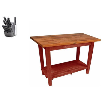 John Boos Oak Classic Country Table 48x36 and Henckels Knife Set, Barn Red, No Shelves, No Drawer, No Casters