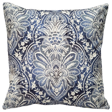 Leone Damask Denim Blue Throw Pillow 21x21, with Polyfill Insert