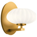 Kichler - Kichler Pim 1-LT Wall Sconce 52229FXG - Fox Gold - The Pim™ 8in. 1 light wall sconce features a nostalgic mid century modern design in Fox Gold and rounded shaped satin etched cased opal glass. A perfect addition in several aesthetic environments including contemporary and transitional.
