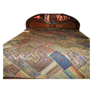Mogul Interior - Indian Bedspread- Kutch Bedcover with Patch Work, Mirrors - Quilts And Quilt Sets