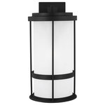 Generation Lighting - Wilburn Outdoor Wall Light in Black - With a nod to retro-industrial chic, the Wilburn outdoor fixtures wraps a white frosted glass shade in a fun metal cage to create a casual and easygoing look. Offered in Antique Bronze and Black finishes with Etched White glass, the assortment includes a one-light outdoor pendant, small medium, large, and extra-large one-light outdoor wall lanterns, a one-light out door post lantern and a one-light outdoor ceiling flush mount. Both incandescent lamping and ENERGY STAR-qualified LED lamping are available for most of the fixtures, and some can easily convert to LED by purchasing LED replacement lamps sold separately.  This light requires 1 , 75W Watt Bulbs (Not Included) UL Certified.