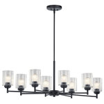 KICHLER - Winslow Black Chandelier 8-Light - The modern Winslow 8 light chandelier in a Black finish with Clear Seeded glass shade pair beautifully with the linear arms, bringing light and dimension to a space.