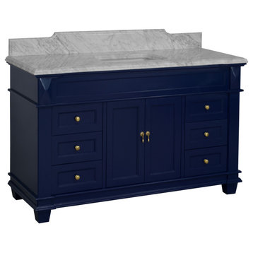 Elizabeth 60" Bathroom Vanity, Base: Royal Blue, Top: Carrara Marble, Single Vanity