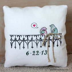 Lovebirds Ring Bearer Pillow Personalized With Bride and Groom Initials & Weddin - Decorative Pillows