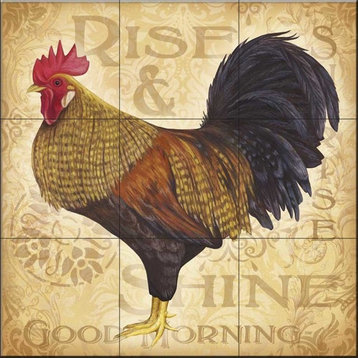 Tile Mural, Roosters At Sunrise C by Lisa Conlin