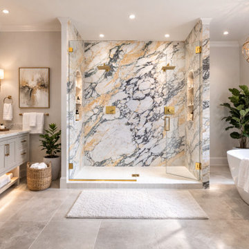 Luxury Bathroom Designs with Natural Stone, Porcelain Tile & Slab Applications