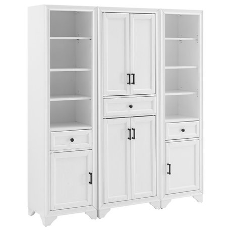 Tara 3-Piece Pantry Set, Distressed White Pantry and 2 Linen Cabinets