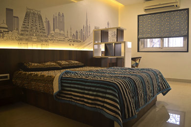 Inspiration for a large modern master marble floor bedroom remodel in Pune with white walls
