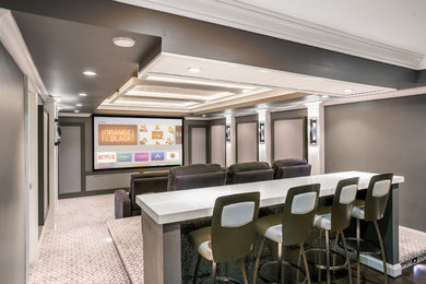 Large trendy open concept carpeted and multicolored floor home theater photo in DC Metro with brown walls and a projector screen