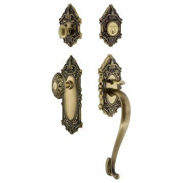 Victorian Plate S Grip Entry Set Victorian Knob, Antique Brass