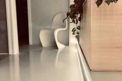 Foto di un ingresso o corridoio minimalista di medie dimensioni con pareti bianche, pavimento in cemento e pavimento grigio