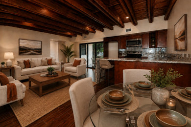 Inspiration for a mid-sized contemporary ceramic tile, brown floor and wood ceiling kitchen/dining room combo remodel in Miami with beige walls