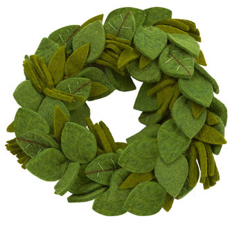Handmade Hand Felted Wool Wreath, Green Leaves with Embroidery, 14"