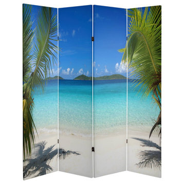 Tall 4 Panels Room Divider, Spruce Wood Frame With Unique Beach Motif Painting