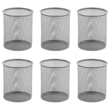 Office Mesh Pencil Cup Holder Silver, 5.5x4.5, Set of 6