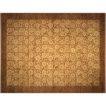 Bareens Designer Rugs - Oriental Ziegler Aaron Brown Tan Hand-Knotted Wool Rug - 6'0'' x 8'1'' - Enhance the ambiance of your home with this magnificent Persian-influenced Turkish hand-knotted rug made by skilled artisans capable of creating the most exceptional vegetable dyes and hand-spun wool. This exquisite handmade rug is a one-of-a-kind Peshawar Kafkaz, otherwise identified as Chobi, Chobi Peshawar, Oushak, or Ziegler rug. These handmade rugs are crafted in Pakistan utilizing superior-quality wool imported from Australia, New Zealand, and Korea in two types of weaves: the Persian weave and the Mori weave. This rug is meticulously crafted by hand using the finest natural vegetable dyes extracted from local plants. The artisans use a blend of hand-spun local and fine merino wool, resulting in a rug with a compelling texture, higher lanolin content, and longer staple. The artisans occasionally incorporate natural or artificial silk into the pile to enhance specific motifs. The finished product is an awe-inspiring execution of flawless design and an understated palette that exudes elegance.