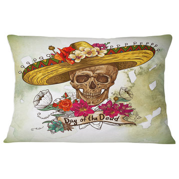 Skull in Sombrero with Flowers Floral Throw Pillow, 12"x20"