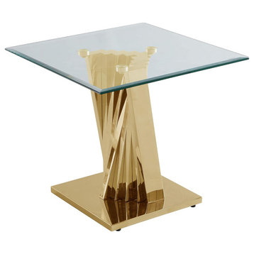 Contemporary End Table, Unique Twisted Golden Pedestal Base With Clear Glass Top