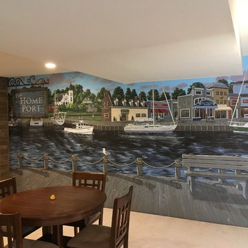 New England Harbor Town Mural, hand painted throughout a lower level