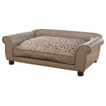 Enchanted Home Pet - Rockwell Sofa Bed - Jewel, a 45 pound Labrador-mix, can be found on the Rockwell sofa, a high quality faux-leather pet bed with a soft and plush embossed microvelvet seat cushion, featuring a back storage pocket for toys and bones. The high-loft, milled foam cushion features a removable/washable cover. The 2" feet lift the bed off the ground, keeping your pet comfortable and draft free. Rockwell boasts our fine, fully upholstered, durable furniture grade construction. Accommodates pets up to  55lbs. For removable cushion cover only - machine wash cold, cool dryer. Remainder of bed should be spot cleaned with mild detergent. Cushion is 27" x 20". The height from the floor to the top of the cushion is 10".