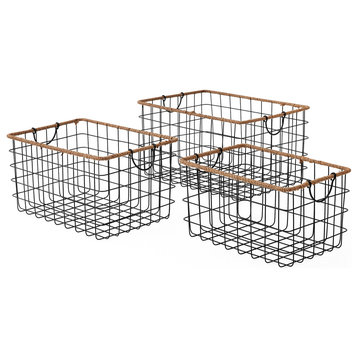 3-Piece Set Rectangular Wire Baskets With Jute Rim and Handles, Black/Natural