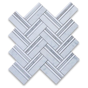 1X4 Marble Mosaic With Thassos Greek White Lines Honed Herringbone